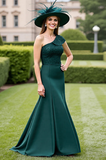 One Shoulder Pine Mermaid Long Mother of The Bride Dress with Lace